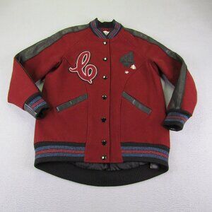Coach Jacket Womens XS Red Varsity Letterman Sparkly Wool Goat Leather Coat Snap